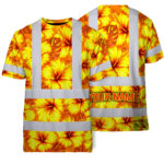 Hi-Vis-T-Shirt-Reflective-Tapes-Orange-Neon-And-Yellow-Flowers-Hawaii-Custom-Name-Safety-Workwear-For-Workers,-Truckers,-Operators-1
