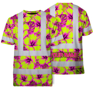 Hi Vis T Shirt Reflective Tapes Pink Neon And Lime Flowers Hawaii Custom Name Safety Workwear For Workers, Truckers, Operators