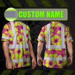 Hi-Vis-T-Shirt-Reflective-Tapes-Pink-Neon-And-Lime-Flowers-Hawaii-Custom-Name-Safety-Workwear-For-Workers,-Truckers,-Operators-2