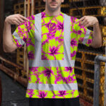 Hi-Vis-T-Shirt-Reflective-Tapes-Pink-Neon-And-Lime-Flowers-Hawaii-Custom-Name-Safety-Workwear-For-Workers,-Truckers,-Operators-3
