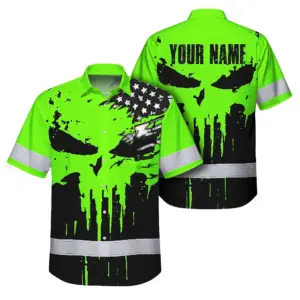 Custom Hi Vis Hawaiian Shirt Featuring Skull Scratch US Flag And Personalized Name For Work Safety Workwear