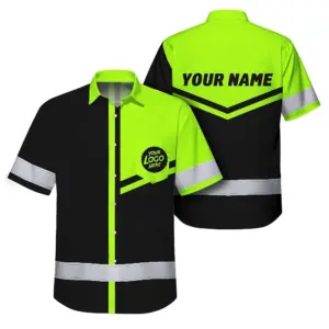 Hi Vis Hawaiian Shirt Company Uniforms Reflective Black Green Neon Custom Name And Logo