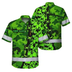 Hi Vis Hawaiian Shirt Custom Name, Pattern Skull Camo Reflective Safety Workwear For Workers, Runners, Truckers, Skull Lovers
