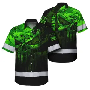 Hi Vis Hawaiian Shirt For Safety Workwear With Bold Skull Camo In Neon Green And Name Customization