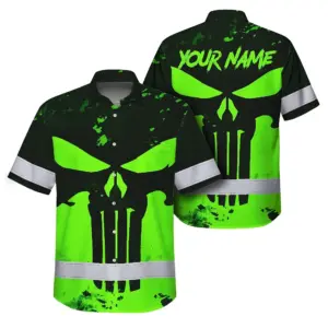 Hi Vis Hawaiian Shirt Green Neon  - Personalized Safety Workwear For Skull Lover, Cyclists, Runners