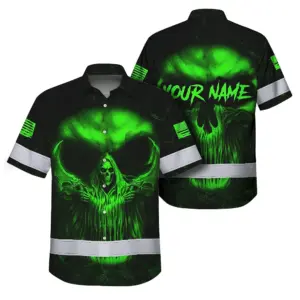 Hi Vis Hawaiian Shirt  Pattern Skull Reflective Safety Workwear For Workers, Runners, Truckers, Skull Lovers