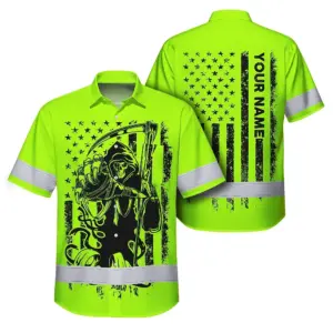 Hi Vis Hawaiian Shirt Reflective Black Reaper Custom Name Safety Workwear For Runners, Cyclists, Skull Lover