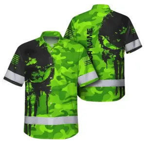 Hi Vis Hawaiian Shirt Reflective Camo And Skull Custom Name Safety Workwear For Runners, Cyclists, Skull Lover