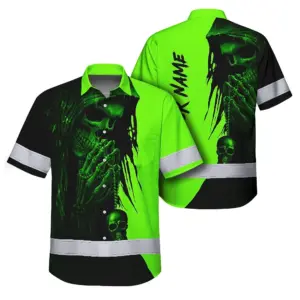 Hi Vis Hawaiian Shirt Reflective Green And Black Skull Custom Name Safety Workwear For Skull Lover