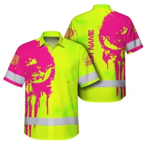 Hi Vis Hawaiian Shirt Reflective Green And Orange Skull Custom Name Safety Workwear For Runners, Cyclists, Skull Lover
