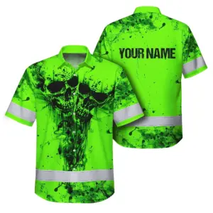Hi Vis Hawaiian Shirt Reflective Green Neon Vintage Skull Custom Name Safety Workwear For Runners, Skull Lover