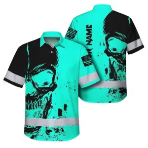 Hi Vis Hawaiian Shirt Reflective Mint Neon Skull Custom Name Safety Workwear For Runners, Cyclists, Skull Lover