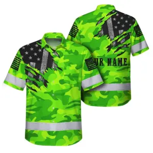 Hi Vis Hawaiian Shirt Reflective Scratch Camo Green Neon US Flag Safety Workwear