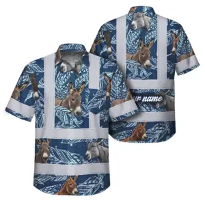 Hi Vis Hawaiian Shirt Reflective Tapes Blue And Donkey Custom Name Safety Workwear For Workers, Truckers, Operators, Company