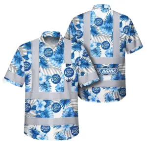 Hi Vis Hawaiian Shirt Reflective Tapes Blue And White Flowers 2 Custom Name And Logo Safety Workwear For Workers, Truckers, Operators, Company