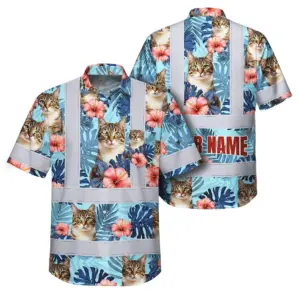 Hi Vis Hawaiian Shirt Reflective Tapes Blue Custom Name And Image Safety Workwear For Workers, Truckers, Operators, Company, Pet Lovers