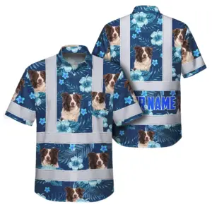 Hi Vis Hawaiian Shirt Reflective Tapes Blue Flowers Custom Name And Image Safety Workwear For Workers, Truckers, Operators, Company, Pet Lovers