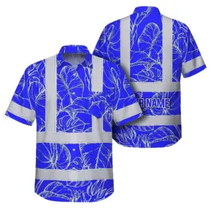 Hi Vis Hawaiian Shirt Reflective Tapes Blue Neon Flowers Custom Name Safety Workwear For Workers, Truckers, Operators