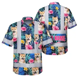Hi Vis Hawaiian Shirt Reflective Tapes Blue Pink Flowers Custom Name And Image Safety Workwear For Workers, Truckers, Operators, Company, Pet Lovers