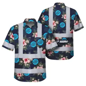 Hi Vis Hawaiian Shirt Reflective Tapes Dark Blue And Flowers Custom Name And Logo Safety Workwear For Workers, Truckers, Operators, Company