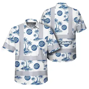 Hi Vis Hawaiian Shirt Reflective Tapes Dark Blue And White Flowers Custom Name And Logo Safety Workwear For Workers, Truckers, Operators, Company