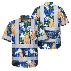 Hi Vis Hawaiian Shirt Reflective Tapes Dark Blue Custom Name And Image Safety Workwear For Workers, Truckers, Operators, Company, Pet Lovers