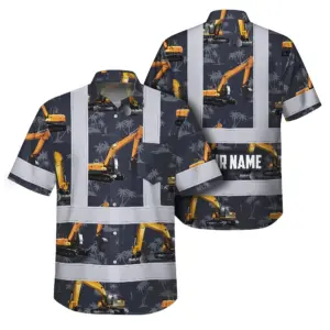 Hi Vis Hawaiian Shirt Reflective Tapes Dark Blue Excavator Custom Name Safety Workwear For Workers, Truckers, Operators, Company