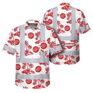 Hi Vis Hawaiian Shirt Reflective Tapes Dark Red And Flowers Custom Name And Logo Safety Workwear For Workers, Truckers, Operators, Company