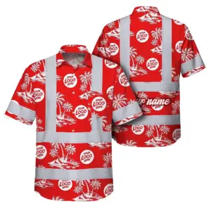 Hi Vis Hawaiian Shirt Reflective Tapes Dark Red And White Flowers Custom Name And Logo Safety Workwear For Workers, Truckers, Operators, Company