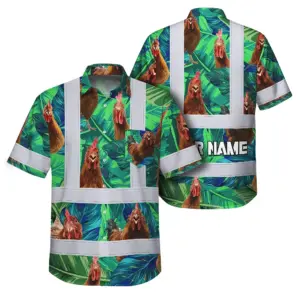 Hi Vis Hawaiian Shirt Reflective Tapes Green And Chicken Custom Name Safety Workwear For Workers, Truckers, Operators, Company