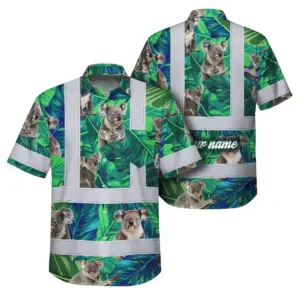 Hi Vis Hawaiian Shirt Reflective Tapes Green And Koala Custom Name Safety Workwear For Workers, Truckers, Operators, Company