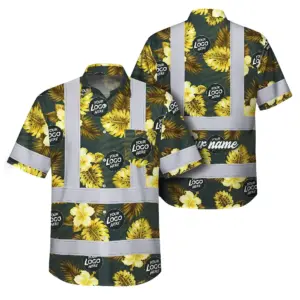 Hi Vis Hawaiian Shirt Reflective Tapes Green And Yellow Flowers Custom Name And Logo Safety Workwear For Workers, Truckers, Operators, Company