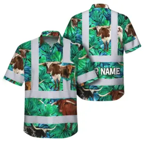 Hi Vis Hawaiian Shirt Reflective Tapes Green Flower Brown Cow 2 Custom Name Safety Workwear For Workers, Truckers, Operators, Company