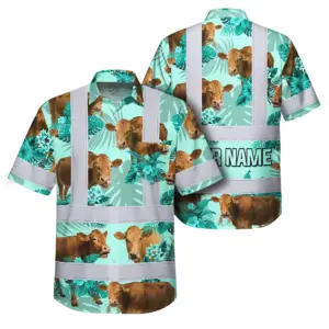 Hi Vis Hawaiian Shirt Reflective Tapes Green Flower Brown Cow Custom Name Safety Workwear For Workers, Truckers, Operators, Company