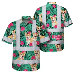 Hi Vis Hawaiian Shirt Reflective Tapes Green Flowers Custom Name And Image Safety Workwear For Workers, Truckers, Operators, Company, Pet Lovers