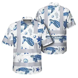 Hi Vis Hawaiian Shirt Reflective Tapes Green Flowers Turtle 2 Custom Name Safety Workwear For Workers, Truckers, Operators, Company