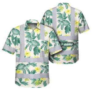 Hi Vis Hawaiian Shirt Reflective Tapes Green Flowers Turtle Custom Name Safety Workwear For Workers, Truckers, Operators, Company