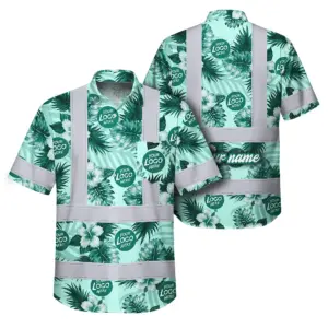 Hi Vis Hawaiian Shirt Reflective Tapes Green Neon And White Flowers Custom Name And Logo Safety Workwear For Workers, Truckers, Operators, Company