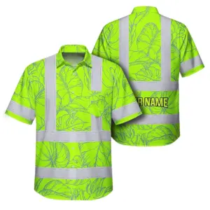 Hi Vis Hawaiian Shirt Reflective Tapes Green Neon Flowers Custom Name Safety Workwear For Workers, Truckers, Operators