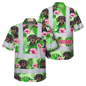 Hi Vis Hawaiian Shirt Reflective Tapes Green Pink Flowers 2 Custom Name And Image Safety Workwear For Workers, Truckers, Operators, Company, Pet Lovers