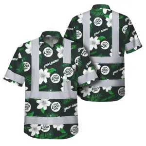 Hi Vis Hawaiian Shirt Reflective Tapes Green White Flowers Custom Name And Logo Safety Workwear For Workers, Truckers, Operators, Company