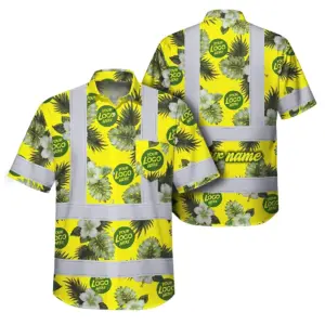 Hi Vis Hawaiian Shirt Reflective Tapes Green Yellow Flowers Custom Name And Logo Safety Workwear For Workers, Truckers, Operators, Company