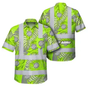Hi Vis Hawaiian Shirt Reflective Tapes Grey And Green Neon Flowers Custom Name And Logo Safety Workwear For Workers, Truckers, Operators, Company