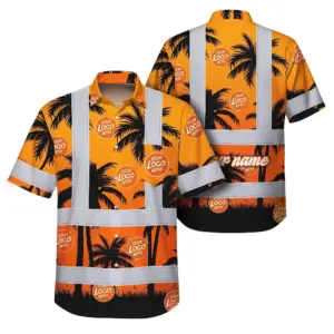 Hi Vis Hawaiian Shirt Reflective Tapes Orange And Black Flowers Custom Name And Logo Safety Workwear For Workers, Truckers, Operators, Company