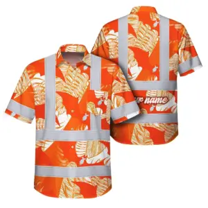 Hi Vis Hawaiian Shirt Reflective Tapes Orange Neon Flowers Bat Custom Name Safety Workwear For Workers, Truckers, Operators, Company
