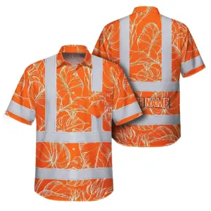 Hi Vis Hawaiian Shirt Reflective Tapes Orange Neon Flowers Custom Name Safety Workwear For Workers, Truckers, Operators