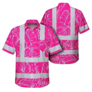 Hi Vis Hawaiian Shirt Reflective Tapes Pink Neon Flowers Custom Name Safety Workwear For Workers, Truckers, Operators