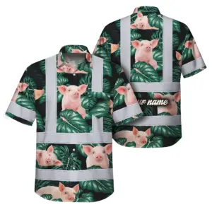 Hi Vis Hawaiian Shirt Reflective Tapes Red And Green Pig Custom Name Safety Workwear For Workers, Truckers, Operators, Company