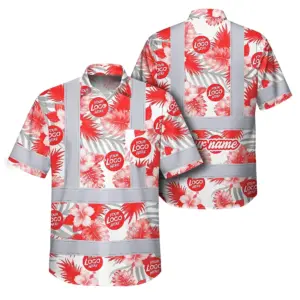 Hi Vis Hawaiian Shirt Reflective Tapes Red And White Flowers 2 Custom Name And Logo Safety Workwear For Workers, Truckers, Operators, Company