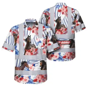 Hi Vis Hawaiian Shirt Reflective Tapes Red Blue And Horse Custom Name Safety Workwear For Workers, Truckers, Operators, Company